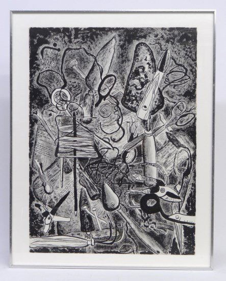 Print: Print abstract with garden tools. Sight 30 x 22"."