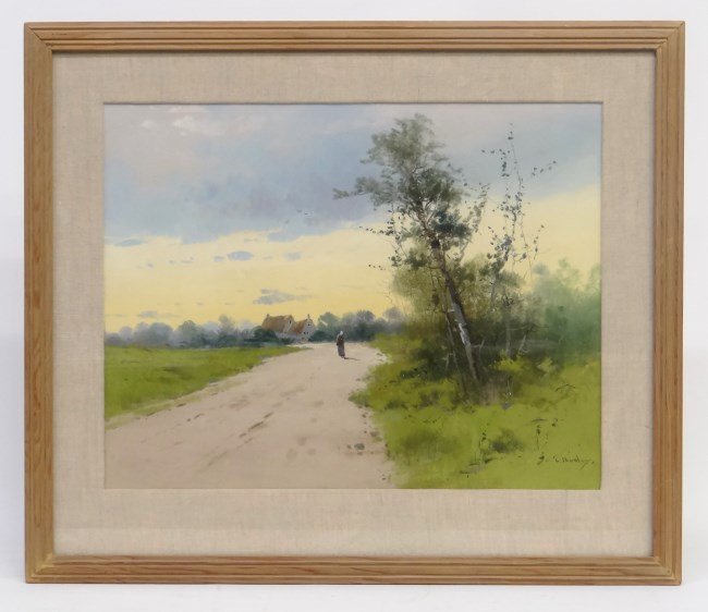 Pastel Clarence Braley: C. 1900's pastel landscape with road and figure signed LRC C. Braley" (Mass. 1854-1927). Sight 14" x 17 1/2"."