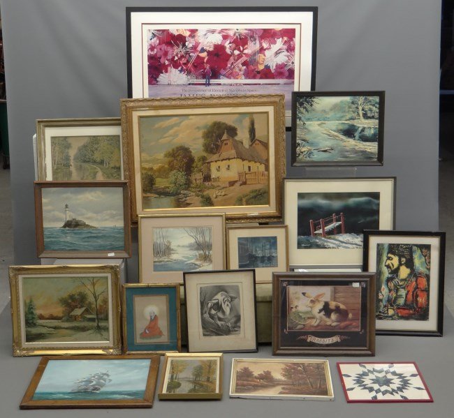 Artwork Lot: Large artwork lot including framed quilt, oil on canvas signed LRC ...Zoltan" (Hungary), James Rosenquist exhibit poster, Rabbit print, watercolor signed Ann Connoly, watercolor signed "CJ Hagberg", "