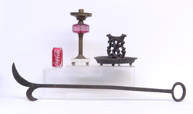 Misc. Lot: Misc. lot including oil lamp, cast iron bootscraper and firetool.