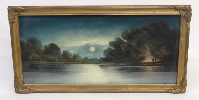 Pastel Andrew Gunderson: C. 1900's pastel moonlit landscape signed LLC Gunderson" (Andrew Severin Gunderson Ill. 1888-1964)."