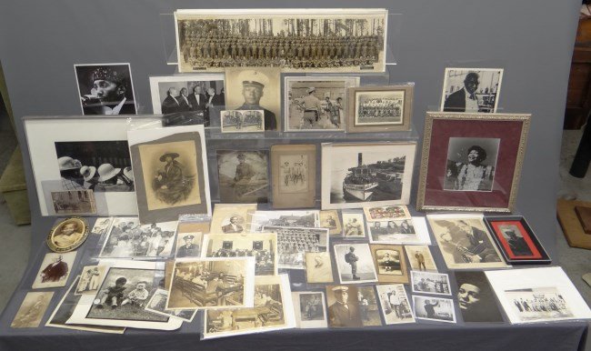 African American Photograph Lot: African American photograph lot including military, cabinet cards, Pearl Bailey autographed photo, photo signed ...Billy Clark Rose City Quartette", Boy Scout photos, Coleman Hawkins photo, photo of b