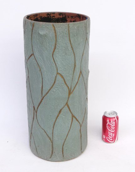Pottery Umbrella Stand: Early painted pottery umbrella stand. 20 Ht., imperfections."