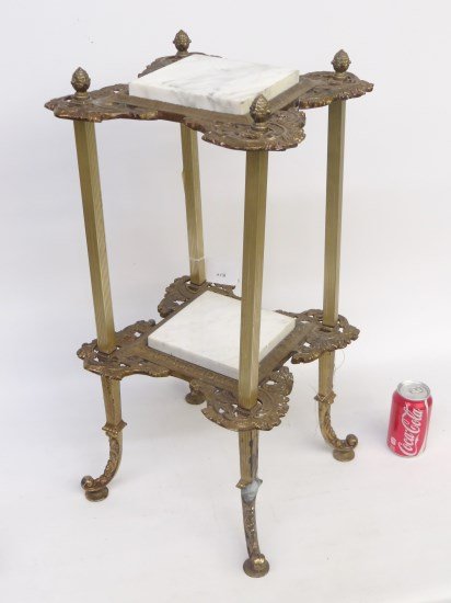 Brass Stand: Brass two tiered stand with inset marble. 27 Ht."