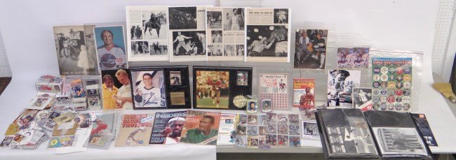 Misc. Lot: Misc. sports lot including cards, autographs including A. Rube Foster, 2000 Harlem Globetrotters signed photo, Hockey photo, Manon Rheaume signed plaque, Red Auerbach first day cover, lobby cards, vin