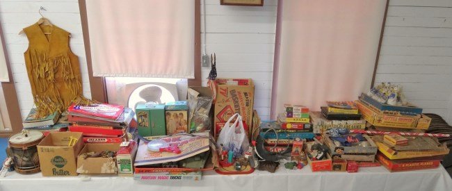 Toy Collection: Attic" vintage toy collection, over 50 items including safe bank, Marx games, puzzles, Donald Duck pins, "Man From Uncle" game, "U.S. Army Tank Attack", "The Lone Ranger" game, "Senior Electric Build-