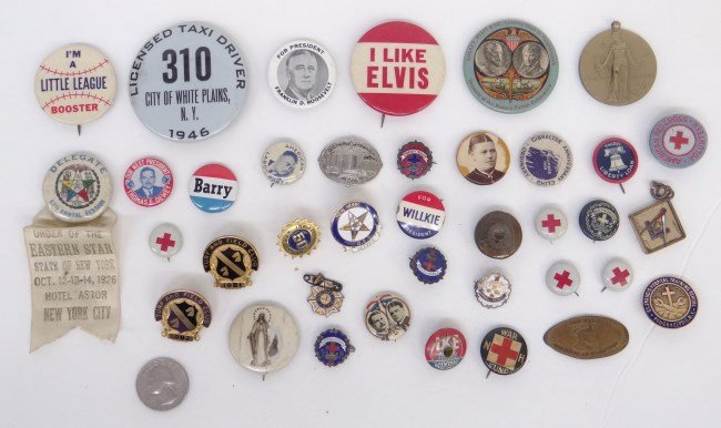 Collection Of Pinbacks Etc.: Various collection of buttons and pinbacks including For President Franklin D. Roosevelt", "Our Next President Thomas E. Dewey", "I Like Elvis", Lucky Platt (Poughkeepsie) Hudson Fulton Celebration mi