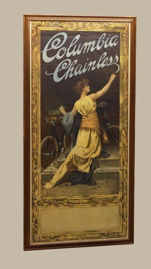 Columbia Chainless Poster: 19th c. Columbia Chainless" bicycle poster, Pope Mfg. Co. Hartford, CT. Sight 87" x 39 1/2", frame size 7'8" x 3'8 1/2". Artist A. Romes, J. Ottmann Lith. Co., Puck Building NY. Very good condition."