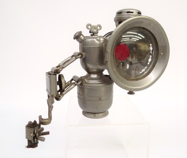 Bicycle Lamp: Powell & Hanmer, Birmingham, Duoplex calcium lamp with bracket. Good condition.