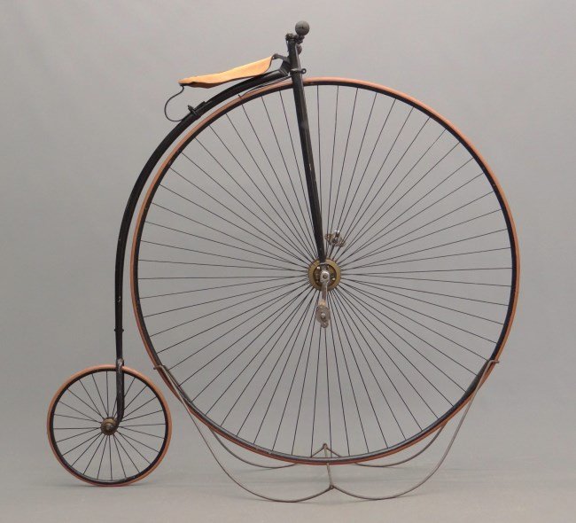 c. 1879 Duplex Excelsior High Wheel Bicycle: c. 1879 Duplex Excelsior 56 high wheel (ordinary). Wrong saddle, chrome plated cranks, open head design. Baylis Thomas Coventry England. Original cost approx. 150.00. Older restoration, good rideable 