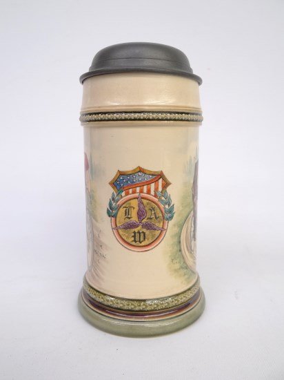L.A.W. (League Of American Wheelmen Mettlach Stein: L.A.W. (League Of American Wheelman), stein with racers on safeties. Marked Villeroy And Boch and Mettlach, #2410. 8 1/2 Ht. Good condition."