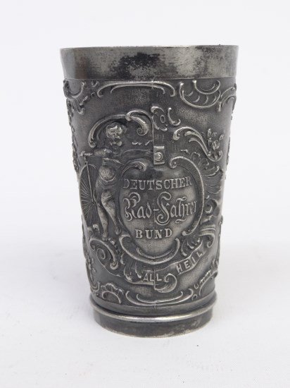 Dated 1909 German Pewter Bicycle Cup: Dated 1909 German bicycle club cup with high wheel. 3 1/2 Ht., good condition."