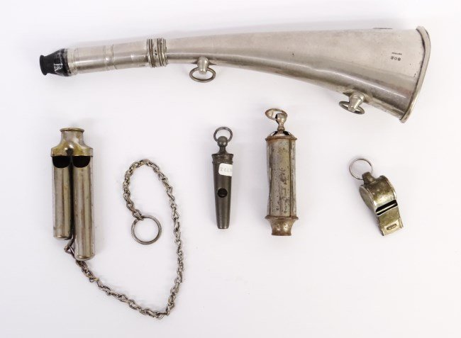 Bicycle Horn And Whistle Lot: Lot four bicycle whistles and marked Lowe And Campbell" (England) horn. Fair condition."