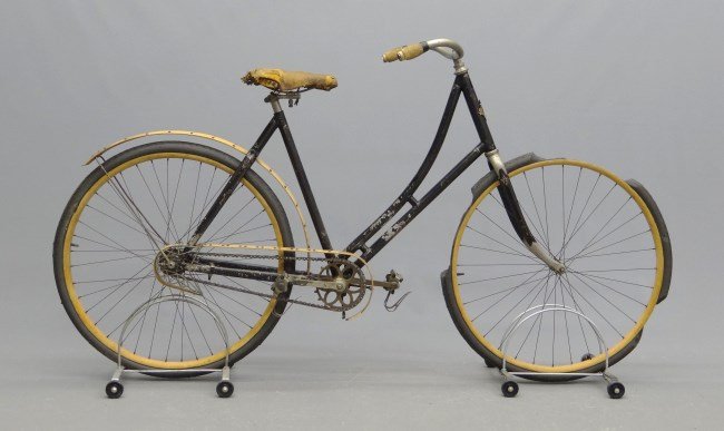c. 1898 Female Pneumatic Safety Bicycle: c. 1898 Rochester Model E female pneumatic safety bicycle, 21 frame, serial #7423. Matching toe clip pedals, cork grips, saddle worn, early Murray coaster hub, needs tires. Overall very good original