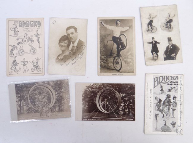 Bicycle Trick Rider Postcards: Lot (7) various bicycle trick rider postcards including unusual (2) Tom Grave And Revolving Wheel", "Frank Wilson", The Brocks" etc., fair to good condition."