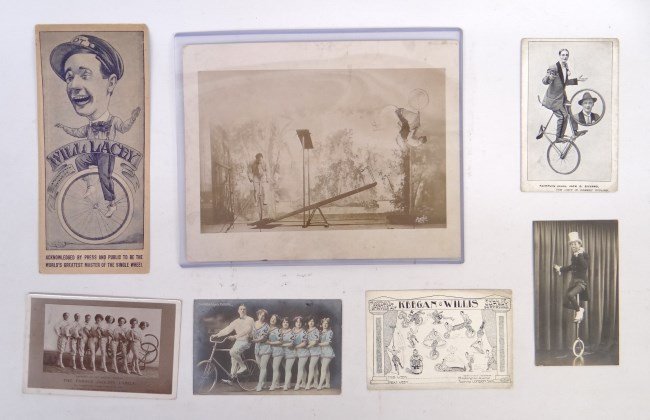 Bicycle Trick Rider Ephemera: Lot (7) pcs. bicycle trick rider ephemera including The Famous Jackson Family", "Keegan & Willis", "Tourbillion's Lady Cyclists", "Will Lacey" program, photo stamped "Budd Snyder" verso. Fair to good 