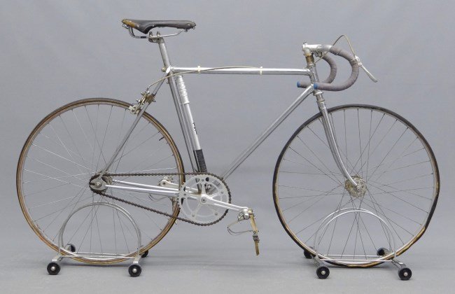 Schwinn Paramount Track Racer Bicycle: Schwinn Paramount (?) track racer bicycle, 21 frame. Amrosio Champion handle bars, Campagnolo crank set, pedals, rear hub. Needs work, good condition."