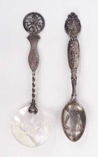 Bicycle Souvenir Spoons: Lot (2) Bicycle Souvenir spoons including East Hampton and Old Orchard. Good condition.