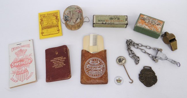 Bicycle Related Lot: Lot including paper pill box with children and safety bicycle, Bicycle Wild Cherry" tin, Excelsior pendant, whistle, "The Hunter Bicycles" button hook, Indian sales miniature book etc., fair to good c