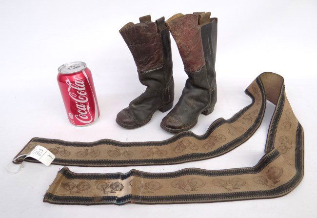 Bicycle Related Lot: Lot including a belt with bicycles decoration and a pair of leather childs boots. Good condition.