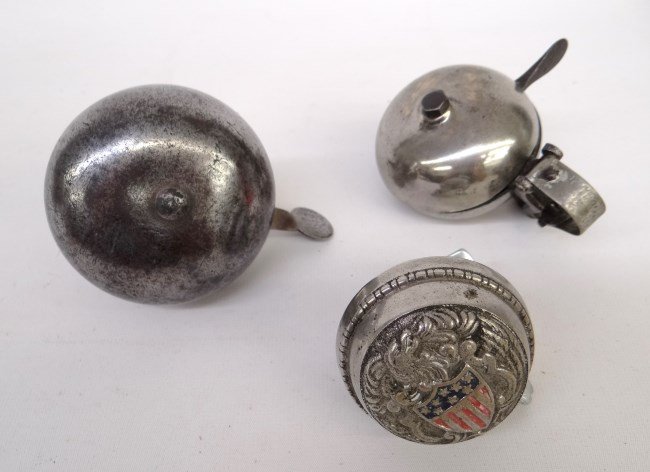 Bicycle Bell Lot: Lot of (3) bicycle bells one with cast shield. Good condition.