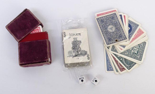 Bicycle Playing Card Lot: Lot misc. assorted Bicycle cards and dice. Fair to good condition.