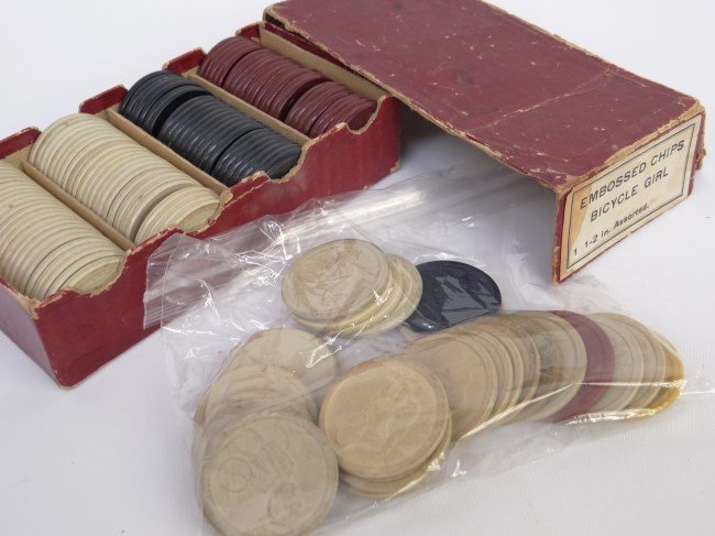 Bicycle Poker Chips: Lot including boxed set bicycle poker chips and loose chips. Good condtion.