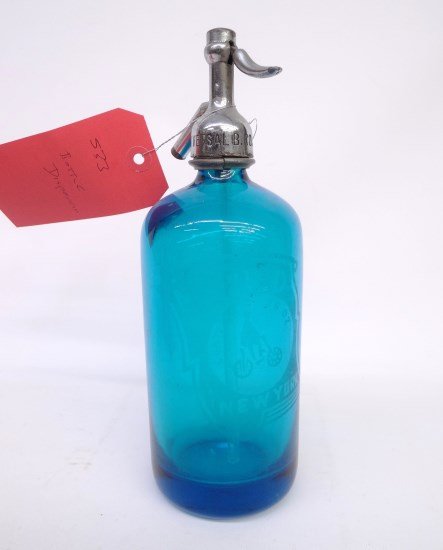 Seltzer Bottle With Bicycle Rider: M Fried New York" blue glass bottle with bicycle rider. 11 1/4" Ht., base marked Czecheslovakia. Good condition."