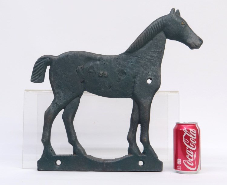 Horse Windmill Weight: Early cast iron windmill weight in blue paint. 17 1/2 W, 16 1/2" Ht."