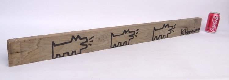 Keith Haring Artwork: Artwork on found object(board), signed K. Haring" (Keith Haring N.Y./Penna. 1958-1990). Purchased from artist. 3 1/2" x 41"."