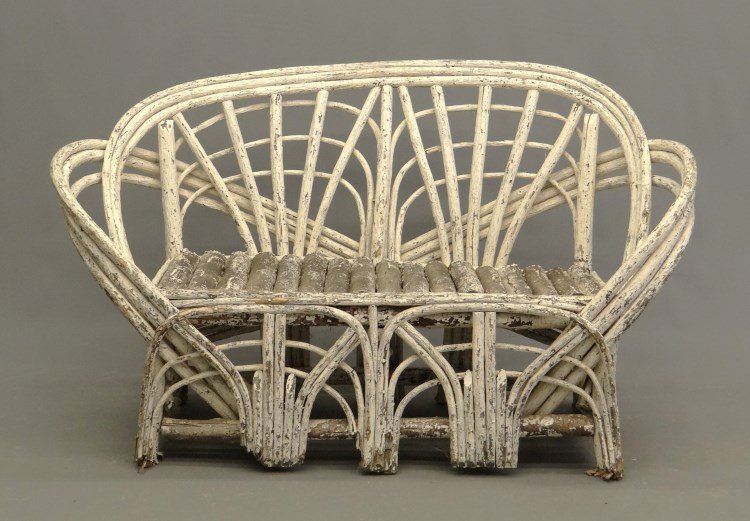 Adirondack Settee: Early Adirondack settee in old white paint. 55 W, attributed to Bill Isaacs, Onondaga Reservation near Syracuse N.Y."