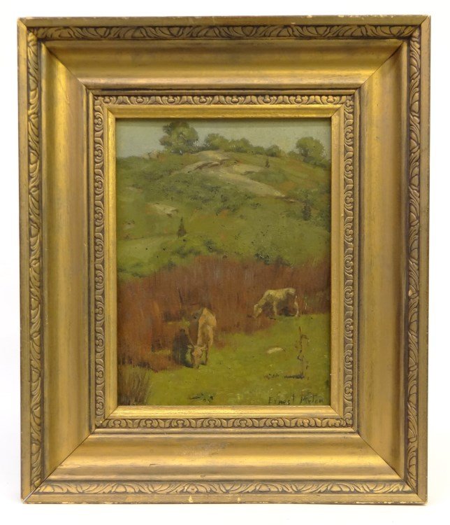 19th c. Painting: 19th c. painting on artist board. Landscape with cows. Signed LRC Ernest Parton" (1845-1933). 12" x 9"."