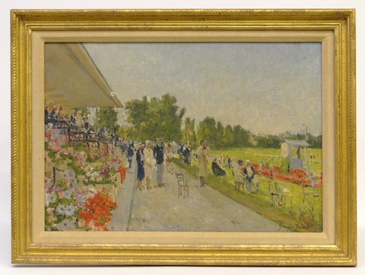 Painting George Binet: Painting oil on canvas of a track with figures signed LRC Georges Binet" (George Jules Ernest Binet, France 1865-1949). Sight 14 1/2" x 20 1/2". Purchased by consignor from Rolly-Michaux Gallery Paris