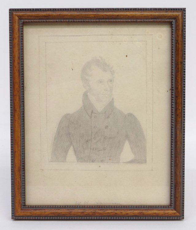 Graphite Drawing of Wm. H. Harrison: C. 1840's graphite drawing of 9th President William H. Harrison. Sight 6 3/4 x 5 3/4"."