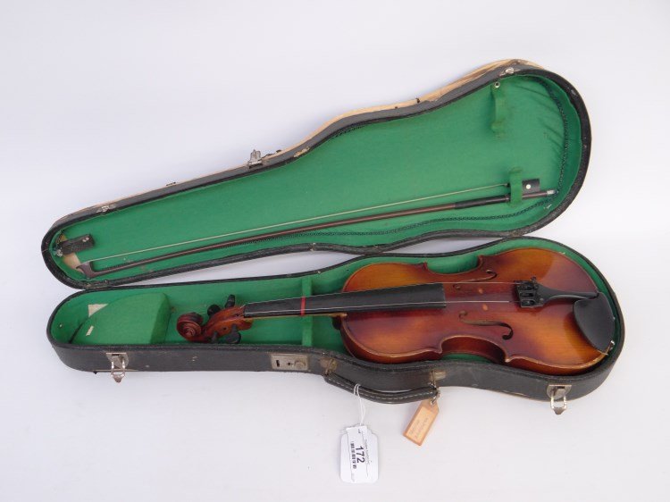 Enrico Ramano Violin: Labeled Enrico Ramano Milan violin with case and bow. Violin 22 length."