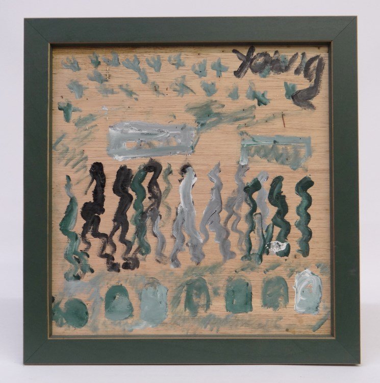 Purvis Young Painting: Purvis Young acrylic on wood painting Dancing Funeral" 13 1/4" x 13 1/4""
