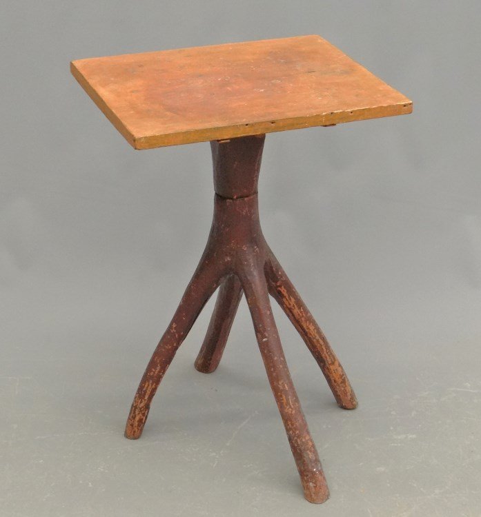 Folk Art Table: Folk art painted tree branch four legged table with removable top. 25 x 16 1/2" x 13 3/4"."