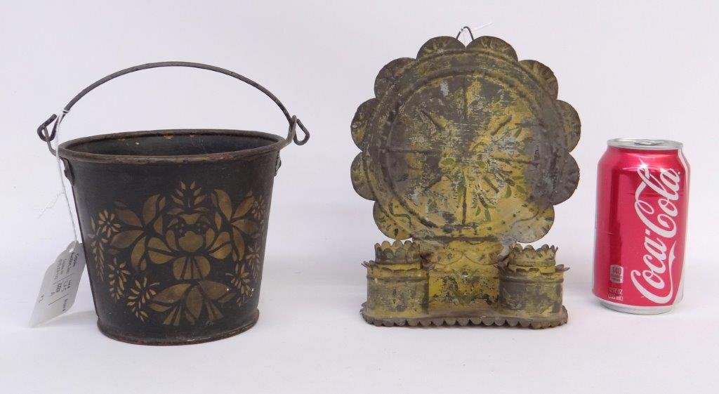Toleware Lot: Toleware lot including stenciled pail and tole sconce in old yellow paint.