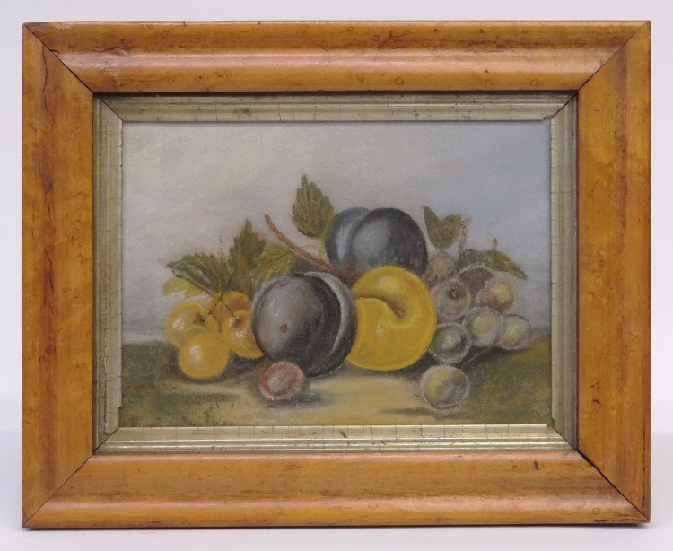 19th c. Pastel Still Life: 19th c. pastel still life with fruit in birdseye maple frame. Sight 6 x 8 1/2"."