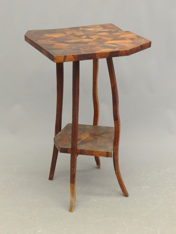 Folk Art Stand: c. 1900's mixed wood top stand. Top 18 x 17", 30" Ht."