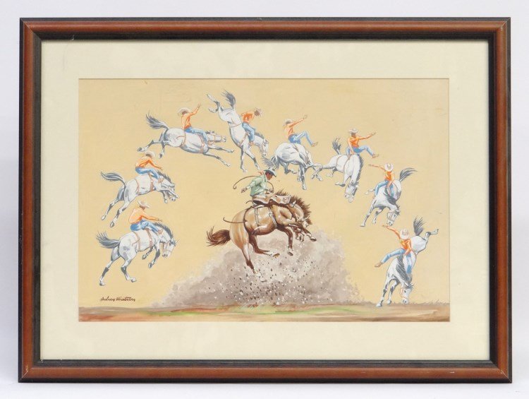 Illustration Aubrey Winston: Illustration of cowboys on horses signed LLC Aubrey Winston". Sight 13" x 19 1/2"."