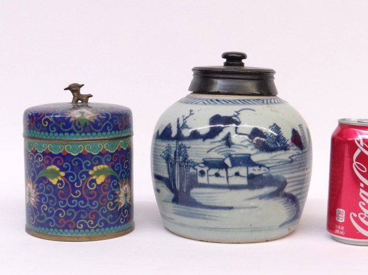 Asian Lot: Lot including Canton ginger jar with wooden lid (8 Ht.),. along with metalware covered jar (6" Ht.)."