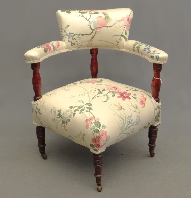 Corner Chair: Victorian corner chair with floral and bird upholstery.