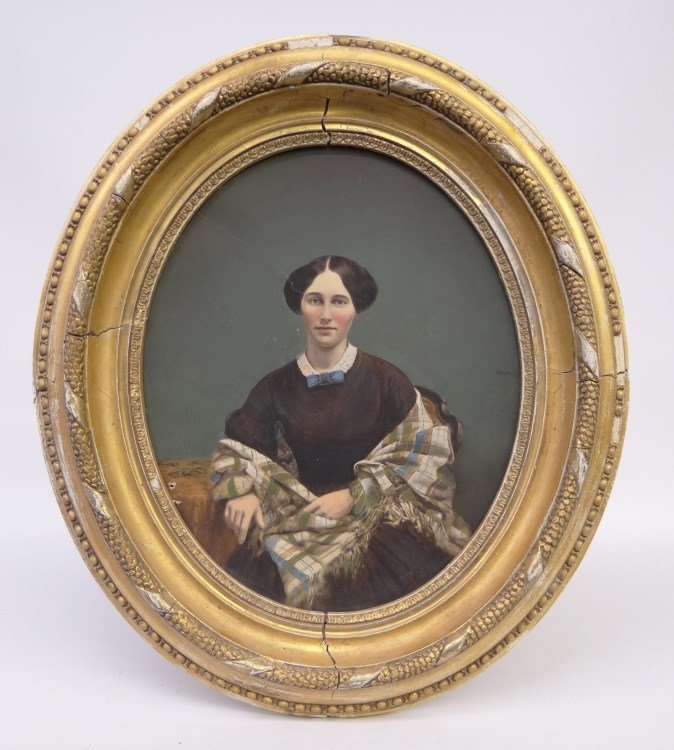 19th c. Portrait: 19th c. portrait Elizabeth Stanton" Hudson NY. Oil on paperboard. 13" x 10 1/2". Imperfections."