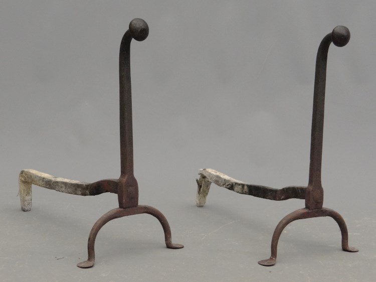 Pair Andirons: Pair early penny foot cast iron andirons. 19 Ht."