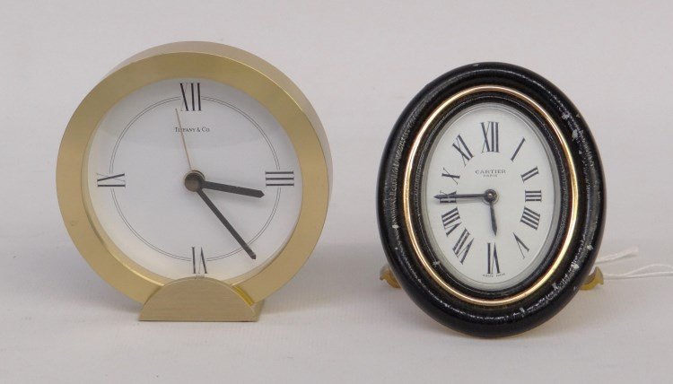 Tiffany and Cartier Clocks: Lot including signed Tiffany & Co. 3 1/2 Ht. clock, along with signed Cartier 3 3/4" Ht. clock."