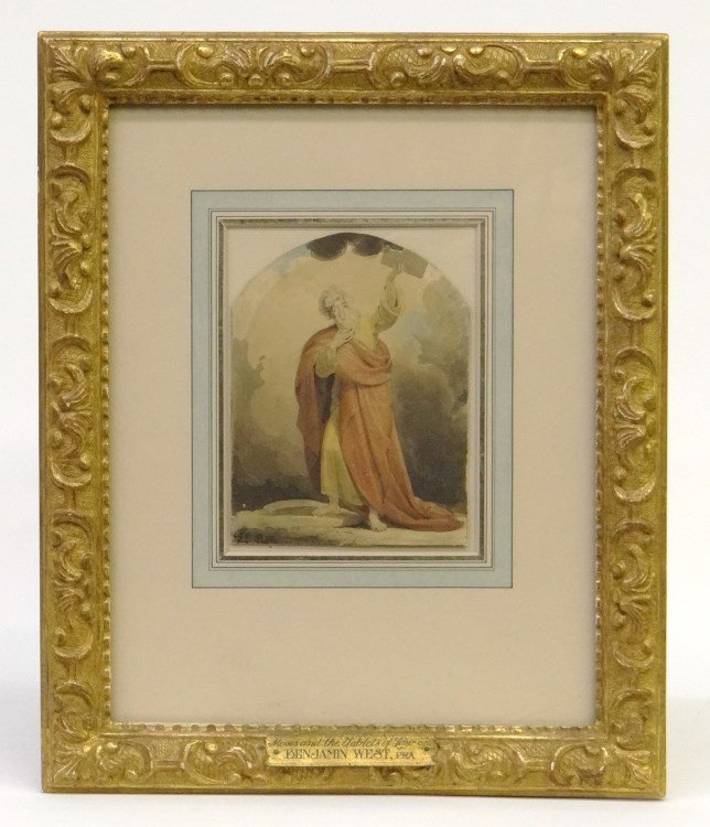 Watercolor Benjamin West: Watercolor with plaque reading Moses and the Tablets for Law Benjamin West, PRA". Attributed to Benjamin West (Pa./United Kingdom/England 1783-1820). Sight 6" x 4 1/2"."