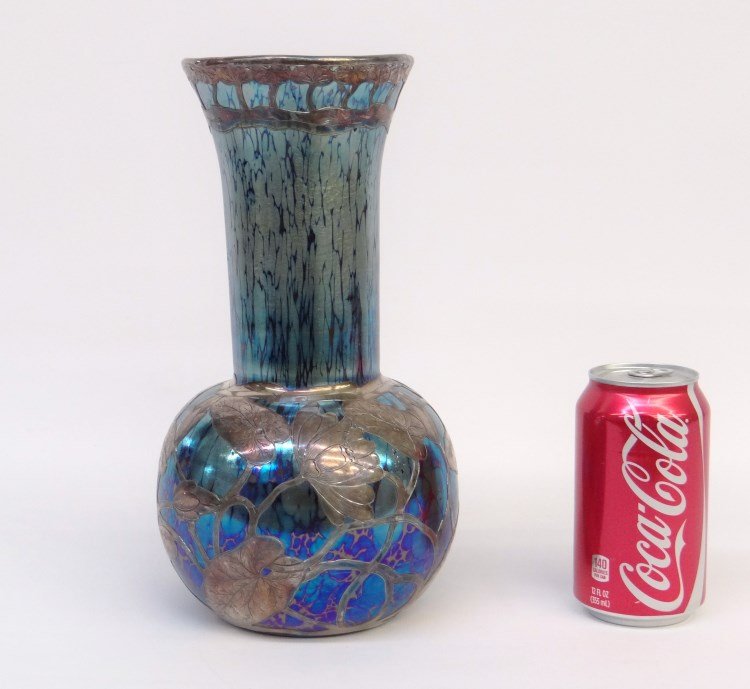 Sterling Silver Loetz Vase: Loetz (attributed) 11 vase with sterling silver overlay."