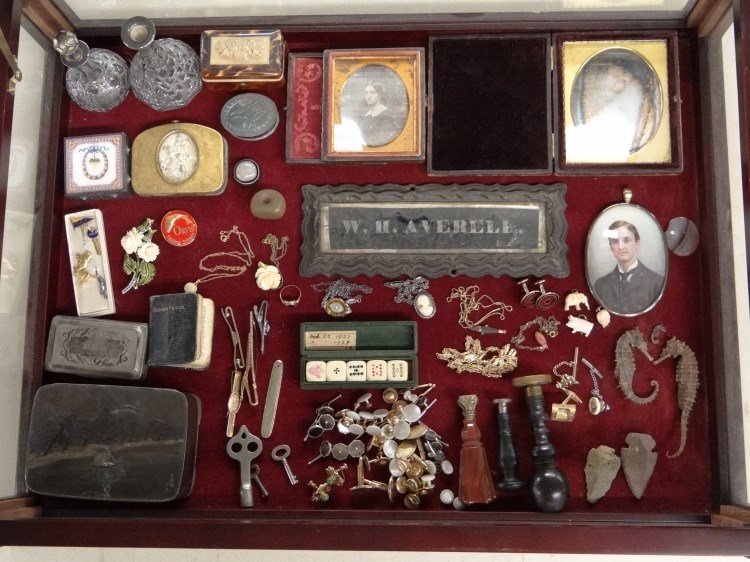 Misc. Lot: Lot of 10K gold ring, sterling silver pill box, miniature portrait Pollock 96" Black starr & Frost frame, (2) early photo portraits, wax stamps, silver overlay perfumes etc."