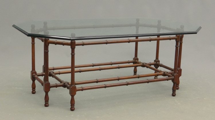 Coffee Table: Decorative coffee table with shaped glass. Top 28 x 44". 17" Ht."